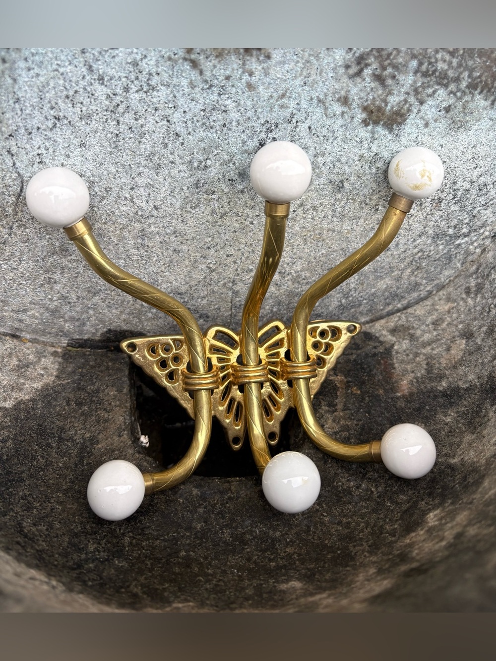 Vintage Brass Wall Hook Rack with Porcelain Knobs - Gold & White